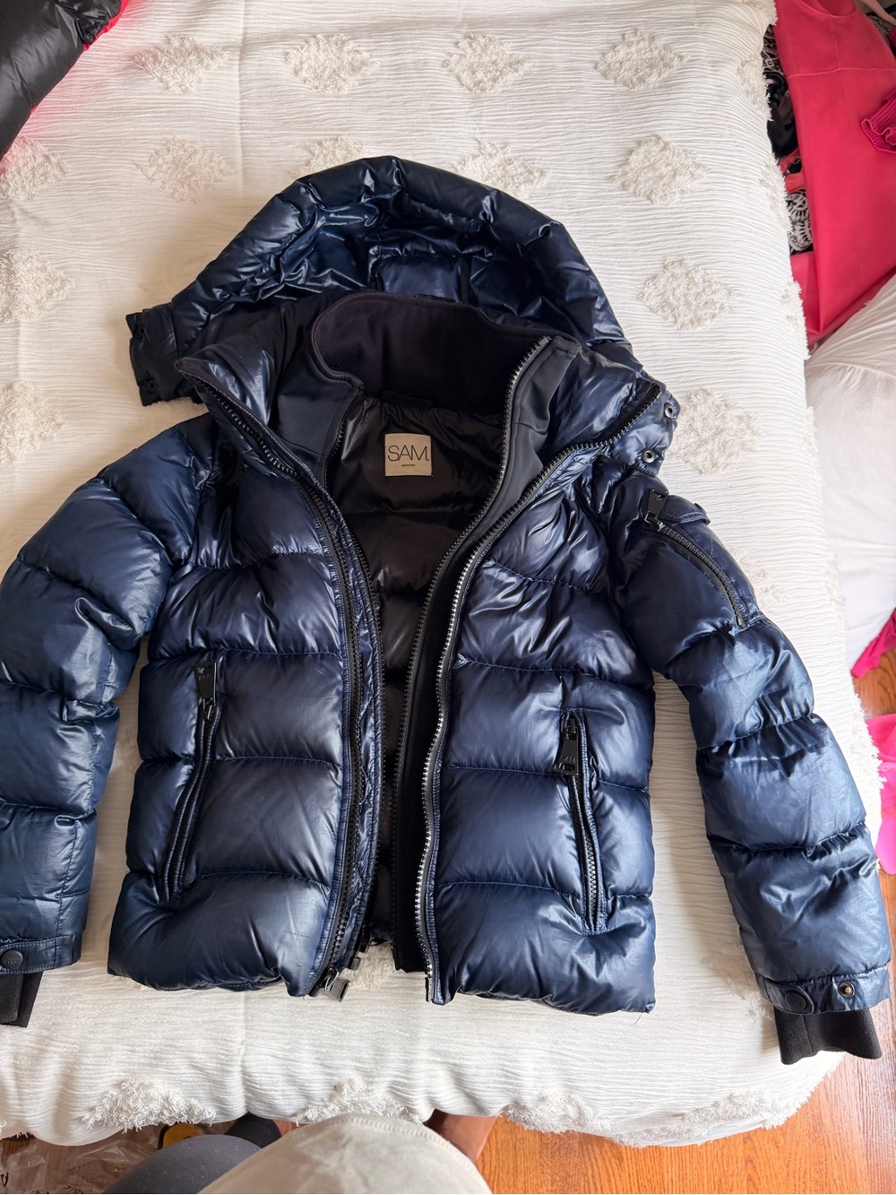SAM. Shiny Navy Blue Hooded Puffer Jacket for Kids